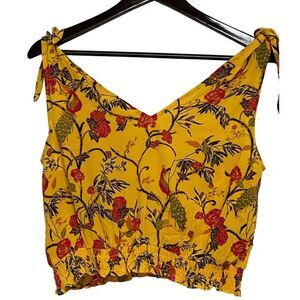 Rose And Olive Shoulde Tie Crop Top  Stretch Bottom Yellow With Floral Design SM
